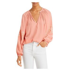 RAMY BROOK Womens Coral Gathered Embroidered Pullover Long Sleeve Keyhole Top XS